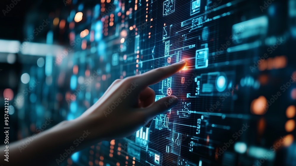 Poster person interacting with a futuristic touchscreen display showcasing tech data in a dimly lit environ