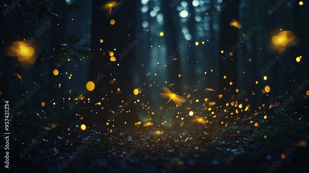 Wall mural a swarm of vibrant yellow fireflies glide through the dense forest, their ethereal light illuminatin