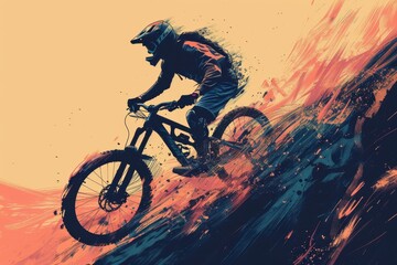Obraz premium A man is riding a bike down a hill