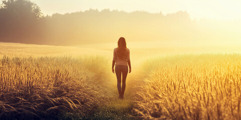 Solitary woman walking through golden field at sunrise