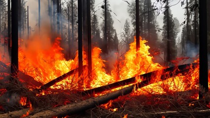 Forest fire burning woods flames