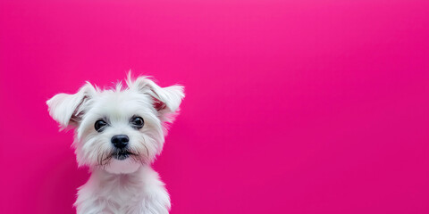Adorable white puppy against bright pink background in studio portrait
