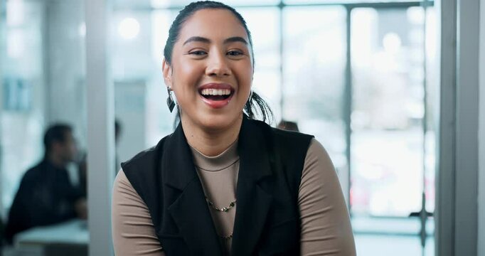 Laugh, corporate and arms crossed with business woman in office for internal auditor, financial organization and consultant. About us, asset management and portrait of person in actuary firm