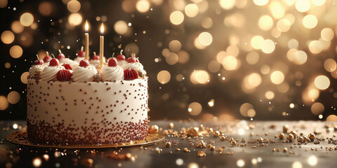 Festive celebration cake with candles against a sparkling golden light background