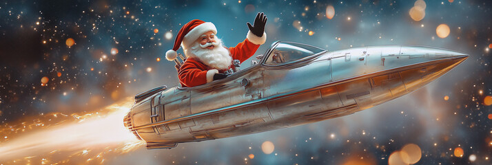 	Santa in a rocket, soaring through the starry night sky, waving with joy. A creative mix of Christmas spirit and futuristic design, ideal for unique holiday themes.