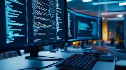 High-tech coding performance, virtual displays, sleek modern office