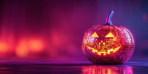 Fototapeta premium Dark red disco ball shaped as Halloween pumpkin isolated on dark violet background with light and copy space, jack o lanterns a sparkling decoration for the holiday.
