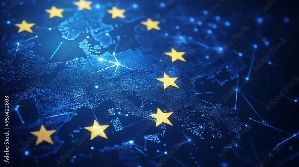 Poster digital map of europe with stars representing european union, showcasing interconnected nodes and ne