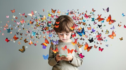 Fototapeta premium A young boy is looking at a cell phone with a butterfly app on it