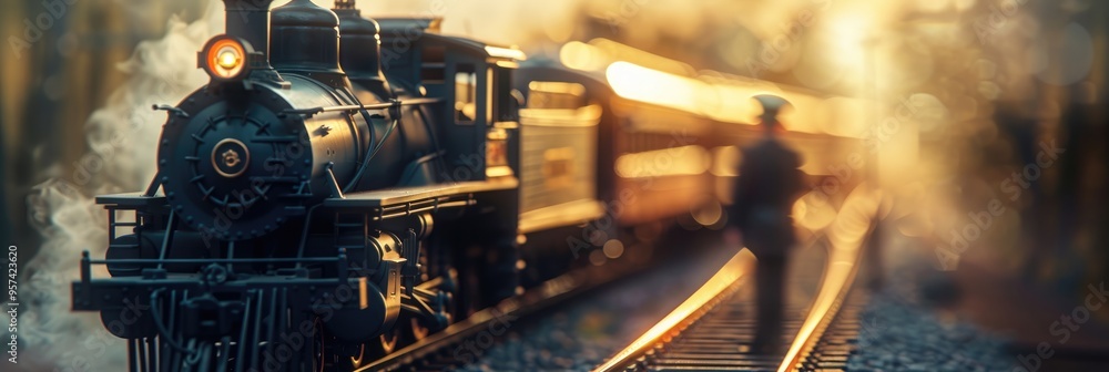 Poster blurred train with an unconventional operator in the foreground