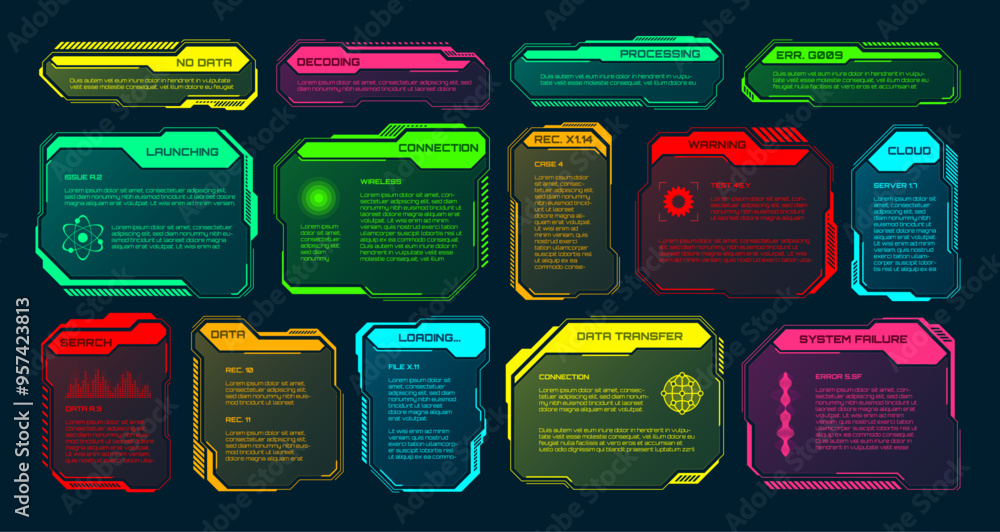 Poster Futuristic HUD or UI elements. Sci-fi user interface text boxes, callouts. Colorful warning message frame, information boxes template. Modern game interface layout, digital style. Vector illustration