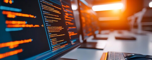 Software coding, performance analytics, futuristic screens, sleek tech lab