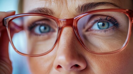 Pensive Woman in Red Eyeglasses Gazing Thoughtfully