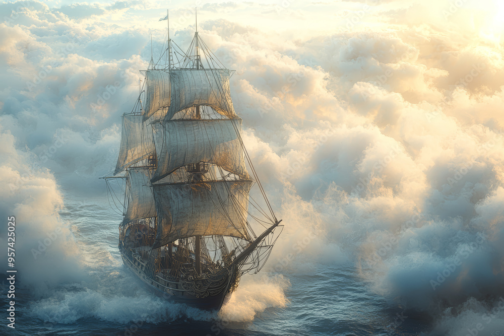 Canvas Prints a ship sailing through the clouds, its sails billowing in the wind. concept of skybound adventures a