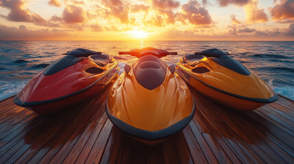 Three vibrant jet skis on wooden deck at sunset, ocean backdrop with orange skies, adventure and thrill-seeking watercraft ready for a ride.