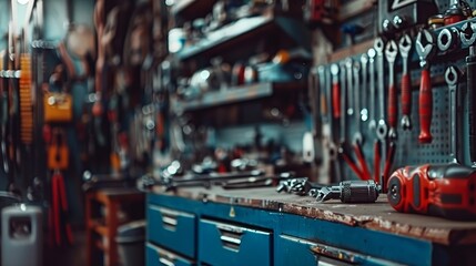 A cluttered workshop with tools and equipment on a blue table