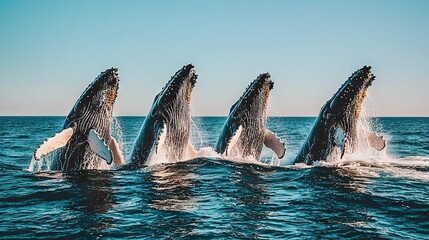 Obraz premium A pod of humpbacks is surfacing, displaying their tail flukes above the water's surface