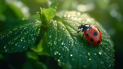 Fototapeta premium A ladybug on a green leaf with water droplets