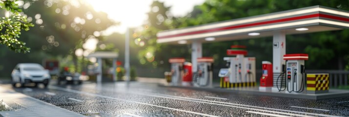 Fototapeta premium A gas station with a building and several pumps