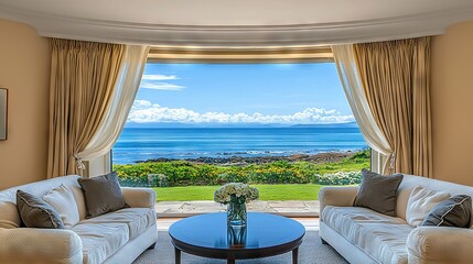 Fototapeta premium A cozy living room featuring two comfortable couches and a stylish table positioned in front of a spacious window, providing an enchanting view of the tranquil ocean