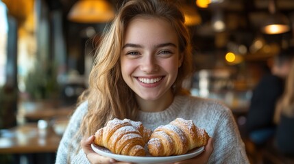 Smiling Young Woman Enjoying Croissant and Coffee in Cozy Cafe Interior