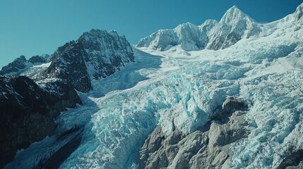   A mountain range capped in snow with a clear blue sky between peaks is a glacier