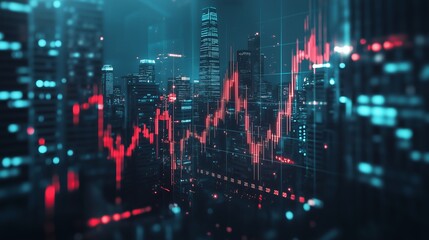 Stock market trading graph overlays city skyline at night with illuminated skyscrapers and vibrant data visuals