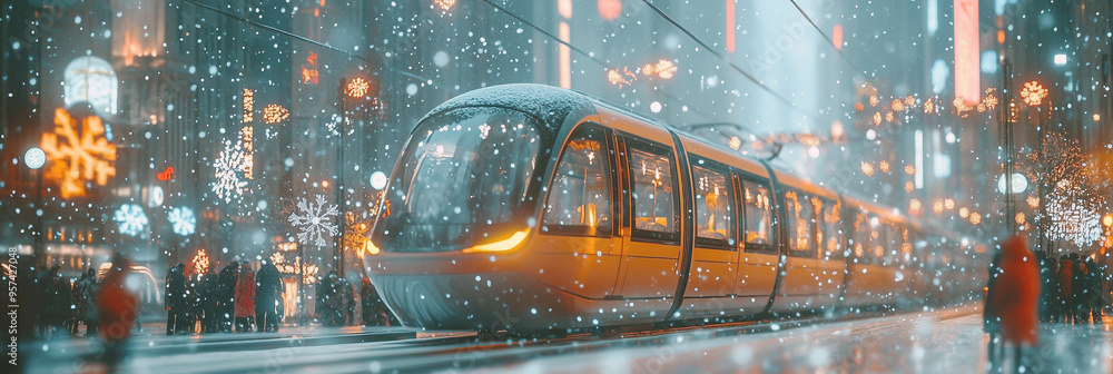 Wall mural snowflakes fall as a festively decorated tram passes through a brightly lit city street, reflecting 