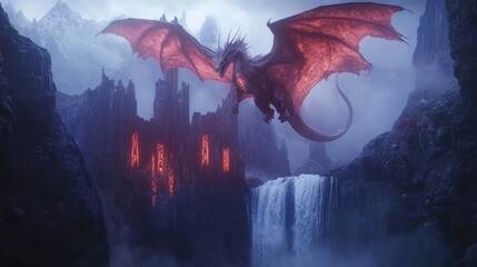 Fototapeta premium Majestic Fire Breathing Dragon Soaring Over Dramatic Fantasy Landscape with Cascading Waterfall and Imposing Castle