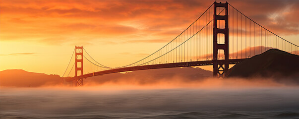Fototapeta premium Like Golden Gate Bridge and Bay area in California, mist underneath bridge.banner