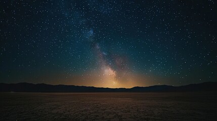 Obraz premium The night sky glimmers with stars, while the Milky Way shines brilliantly above a desolate landscape featuring mountains in the background