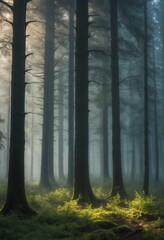 Misty forest with tall trees