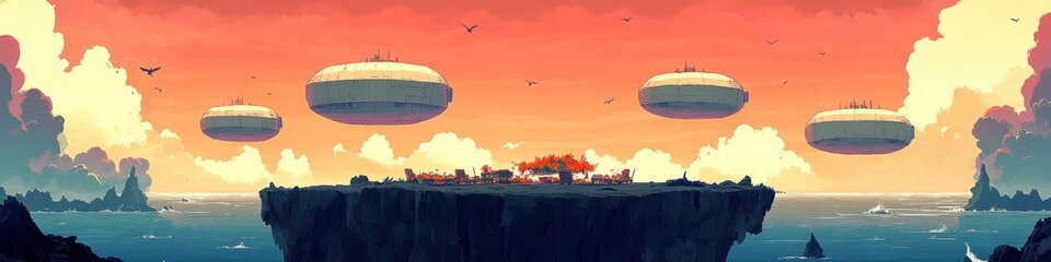 Obraz premium Fantasy Floating Island Landscape with Mystical Clouds and Vibrant Sunset Hue for Digital Art and Game Concept Inspiration