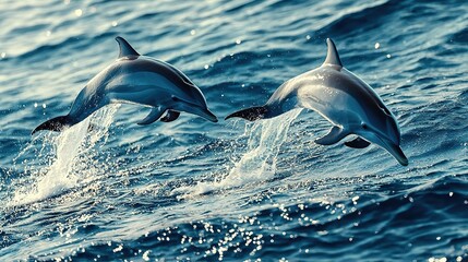 Fototapeta premium Dolphins leaping in blue waters, sun shining above
