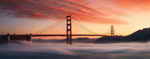 Like Golden Gate Bridge and Bay area in California, mist underneath bridge.banner