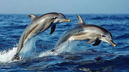 Obraz premium Two dolphins leap from the water into clear blue skies One jumps higher, the other lower, but both share the same joyful spirit