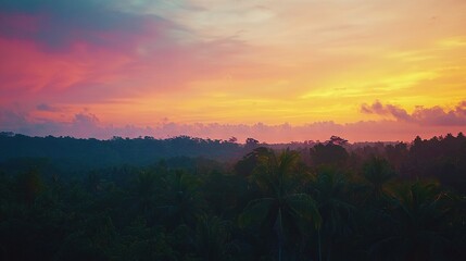 Obraz premium Sunset over tropical jungle with plane in fg, pink/yellow sky in bkg