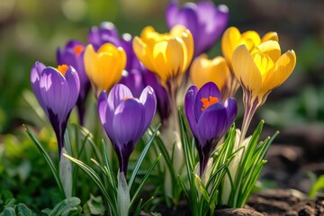 Fototapeta premium A bunch of purple and yellow flowers are in a field, generative ai image