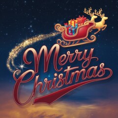 Festive Christmas Greeting Card with Merry Christmas Text and Santa's Sleigh with Reindeer, Gifts, and Starry Night Sky Background