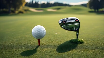 A close-up, three-dimensional rendering shows a golf club in position to hit a ball that is sitting on lush green grass. Artificial Intelligence

