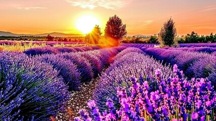   A field of lavender at sunset with the sun behind a tree in the distance
