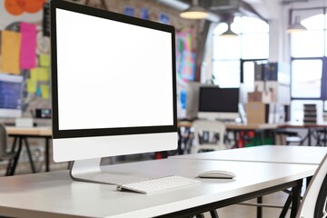Fototapeta premium Blank monitor screen in a colorful office setting, perfect for customization