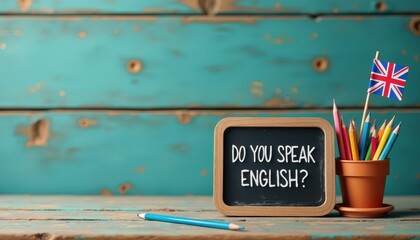 Small chalkboard and pencils in a pot with a British flag, asking 'Do you speak English?'