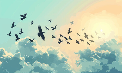 Fototapeta premium Silhouette vector of a flock of birds in the sky.
