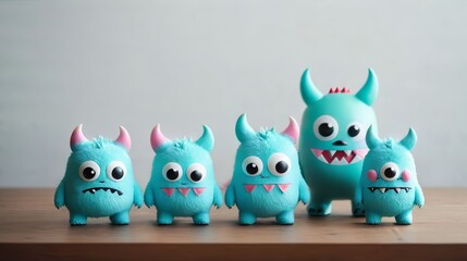 Obraz premium Blue Monsters Sitting on Wooden Table