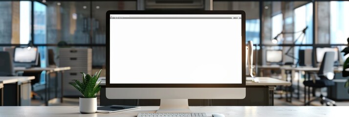 Fototapeta premium minimalist office with a white monitor screen, ready for your design content