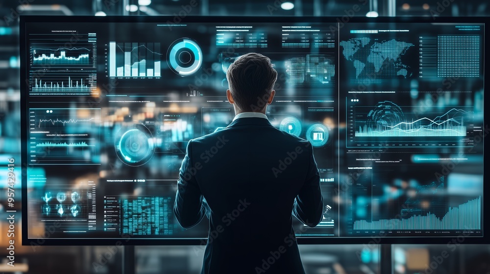 Poster business analyst examining data-driven insights on a high-tech display in a modern office during eve