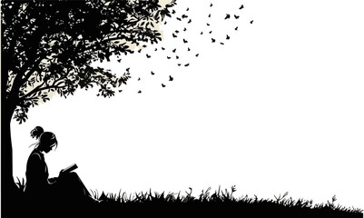 A silhouette vector of a person reading under a tree.