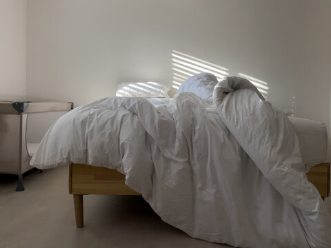 Bed and Crib in Sunlit Bedroom