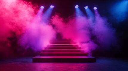 A stage with a staircase and smoke